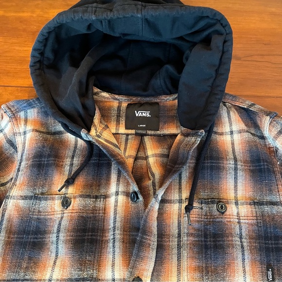Vans LOPES hooded flannel shirt orange black plaid classic fit size Large - Picture 4 of 11